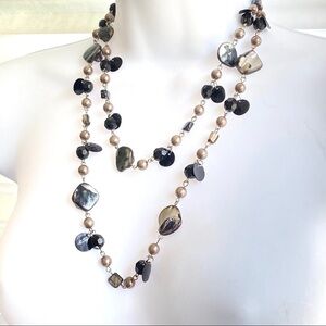Double Strand Natural Shells Black Beads Silver Tone Necklace